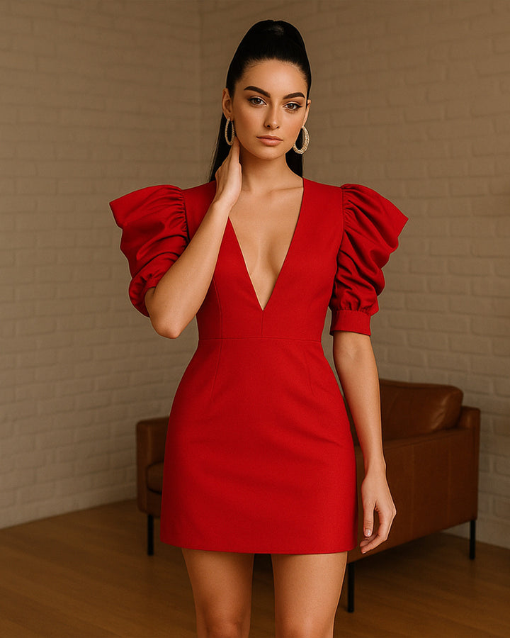 Vestido Corto Casual de Escote en V y Espalda Ahuecada con Cremallera - LIZAPONS