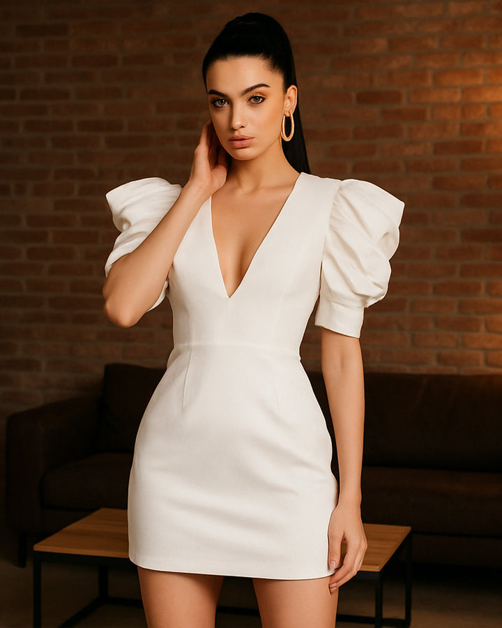 Vestido Corto Casual de Escote en V y Espalda Ahuecada con Cremallera - LIZAPONS