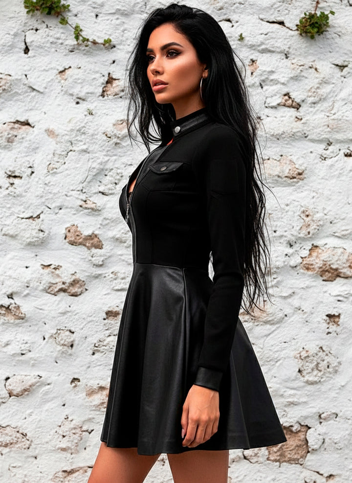 Vestido Negro con Falda Vinipiel Cierre Frontal y Bolsillos - LIZAPONS