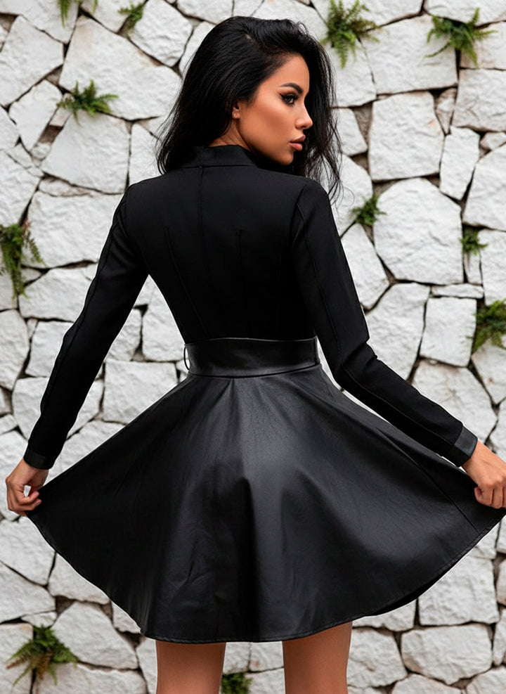 Vestido Negro con Falda Vinipiel Cierre Frontal y Bolsillos - LIZAPONS