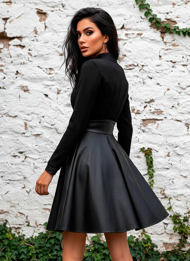 Vestido Negro con Falda Vinipiel Cierre Frontal y Bolsillos - LIZAPONS