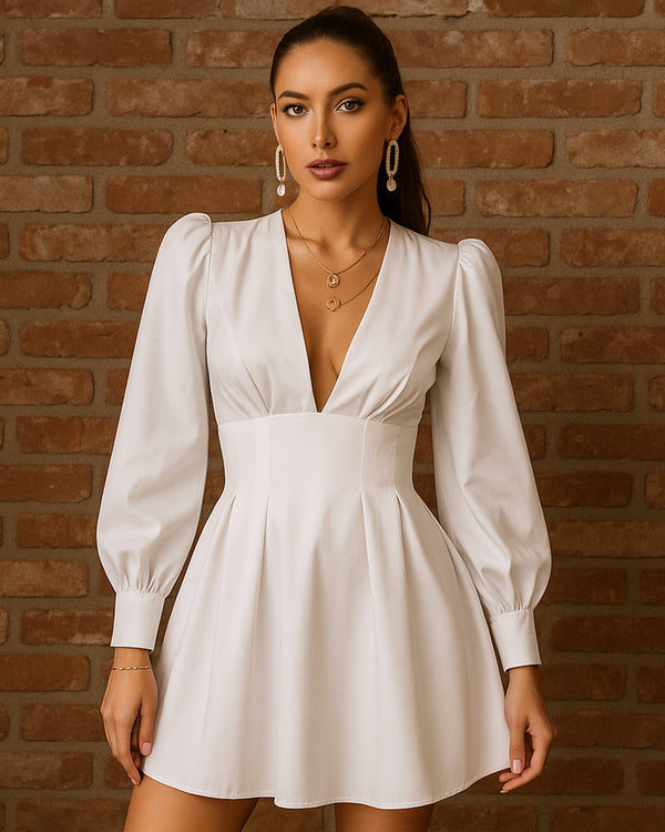 Vestido Corte Imperio de Cuello v y Manga Larga Obispo - LIZAPONS