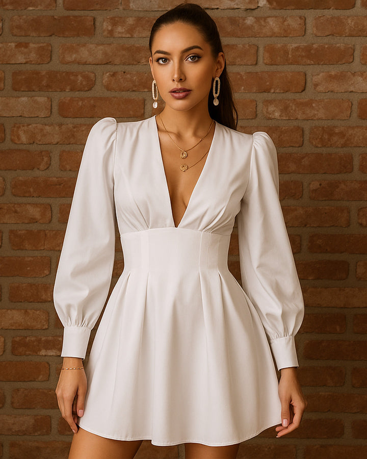 Vestido Corte Imperio de Cuello v y Manga Larga Obispo - LIZAPONS