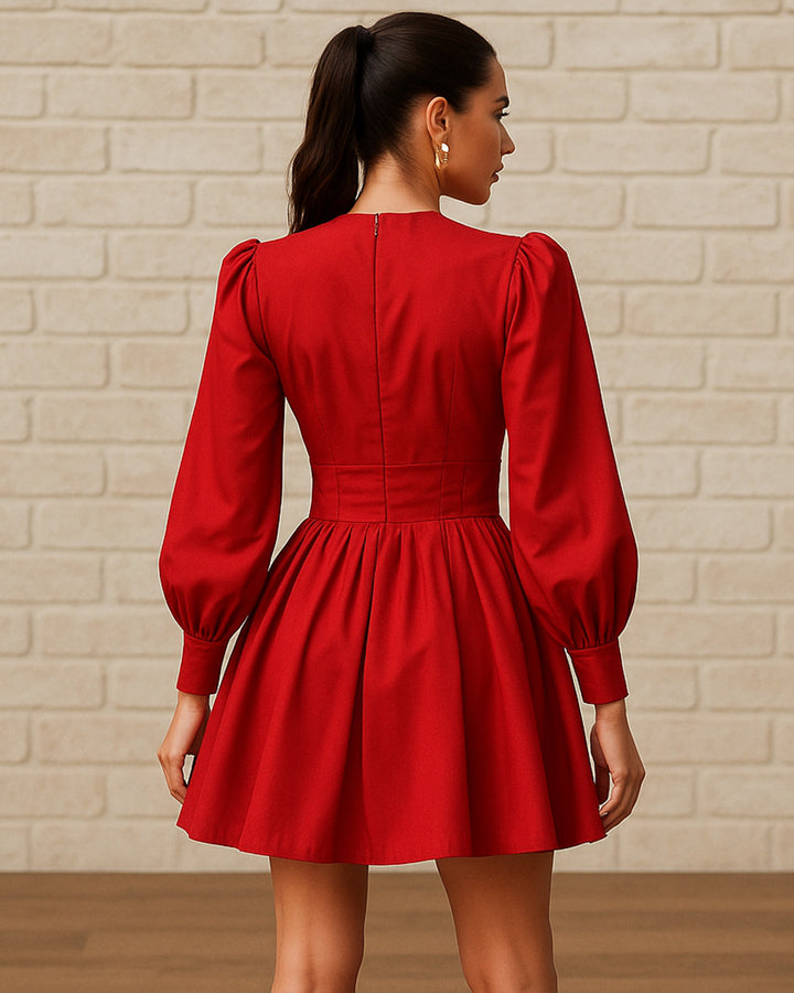 Vestido Corte Imperio de Cuello v y Manga Larga Obispo - LIZAPONS