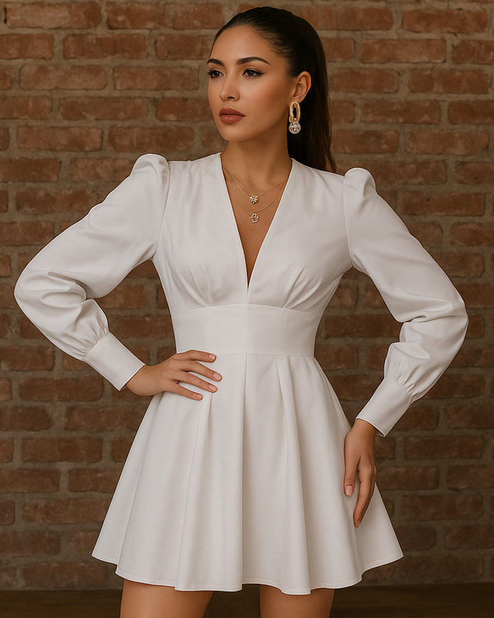 Vestido Corte Imperio de Cuello v y Manga Larga Obispo - LIZAPONS