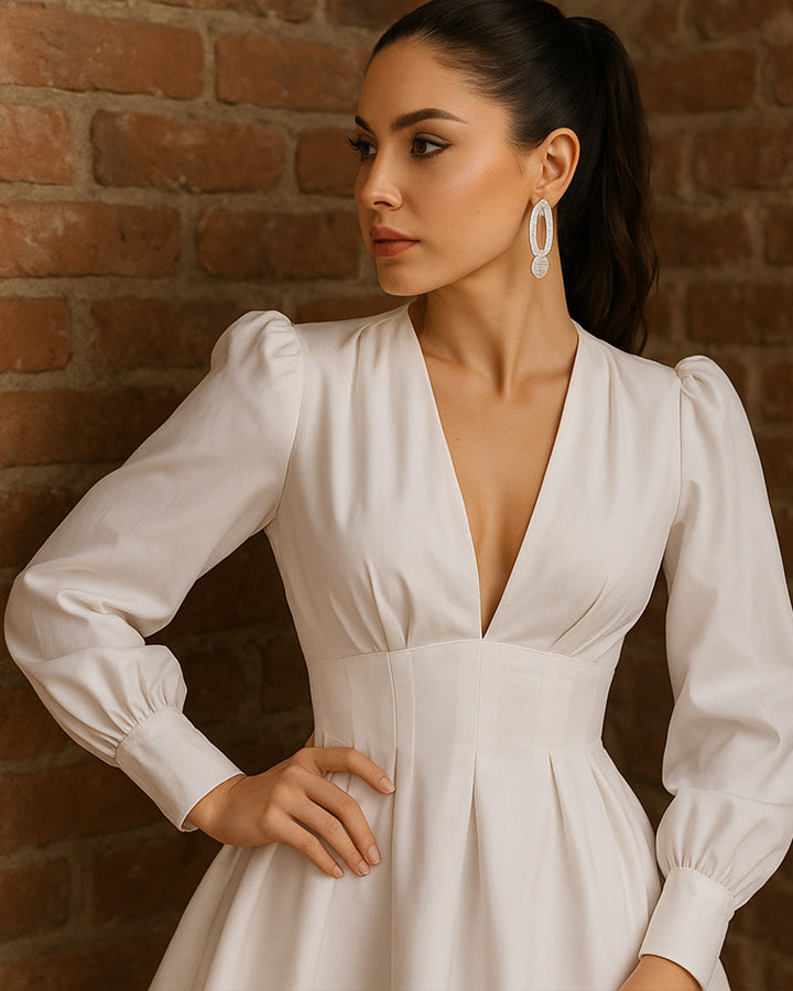 Vestido Corte Imperio de Cuello v y Manga Larga Obispo - LIZAPONS