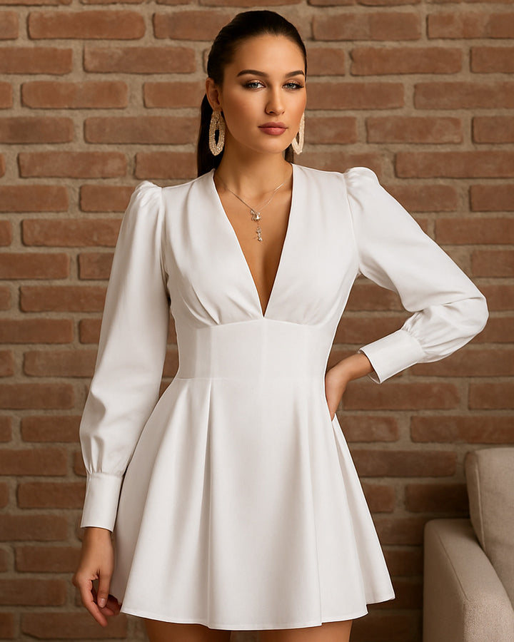 Vestido Corte Imperio de Cuello v y Manga Larga Obispo - LIZAPONS