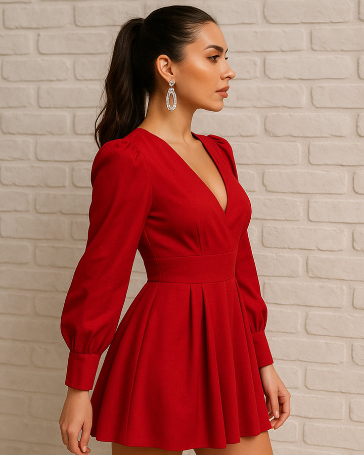Vestido Corte Imperio de Cuello v y Manga Larga Obispo - LIZAPONS