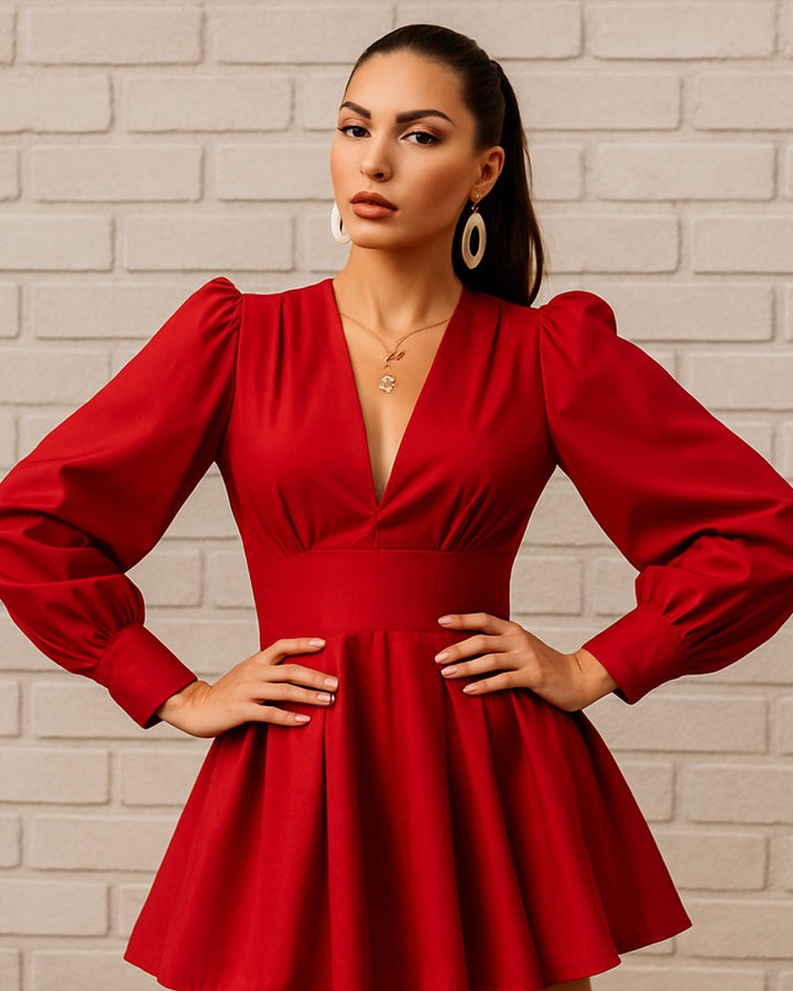 Vestido Corte Imperio de Cuello v y Manga Larga Obispo - LIZAPONS