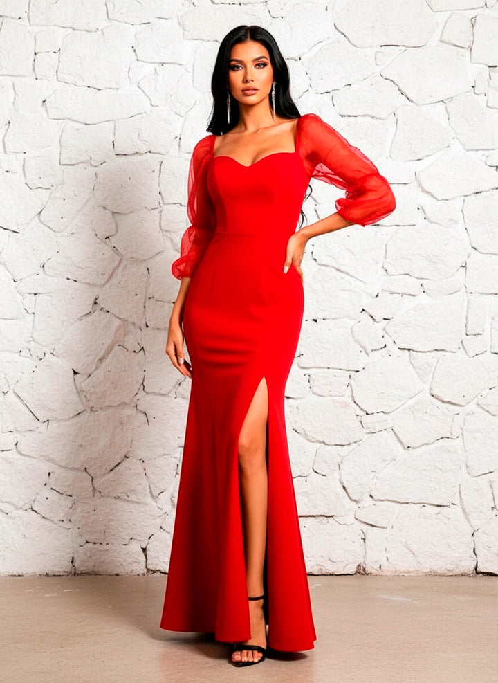 Vestido Fiesta de Manga Larga Tul con Abertura en Muslo - LIZAPONS