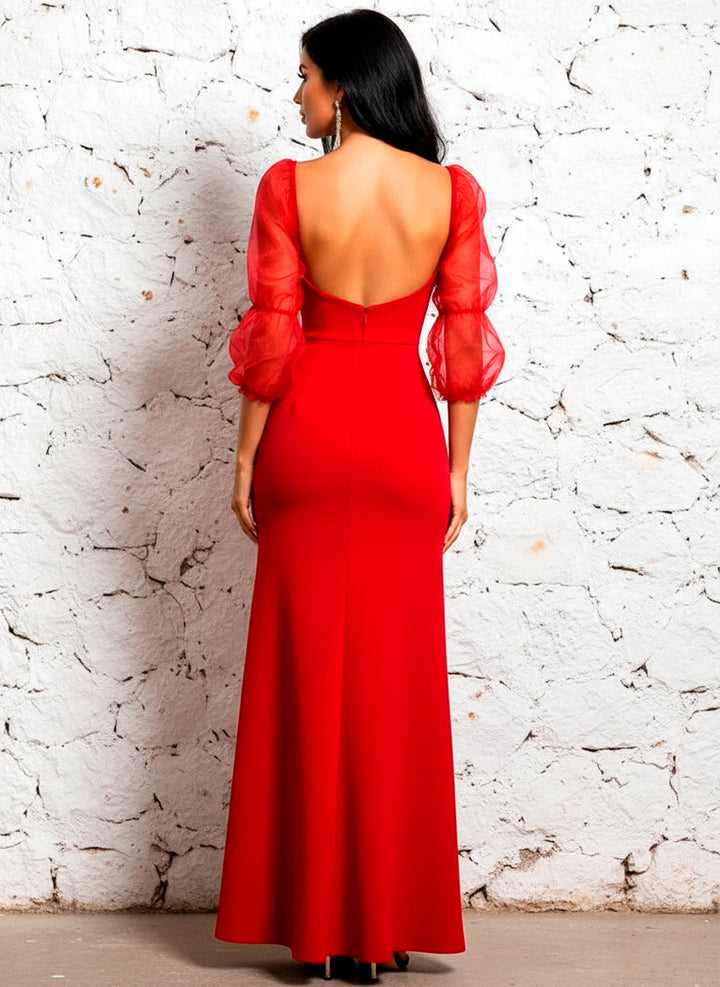 Vestido Fiesta de Manga Larga Tul con Abertura en Muslo - LIZAPONS