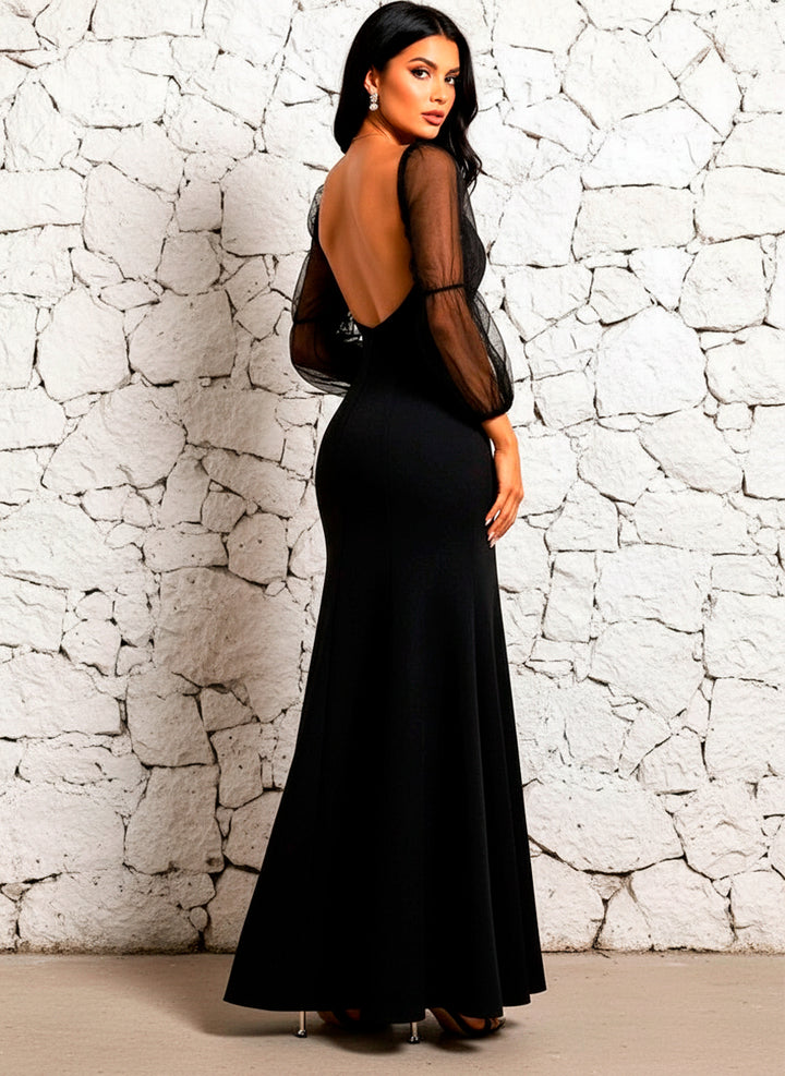 Vestido Fiesta de Manga Larga Tul con Abertura en Muslo - LIZAPONS