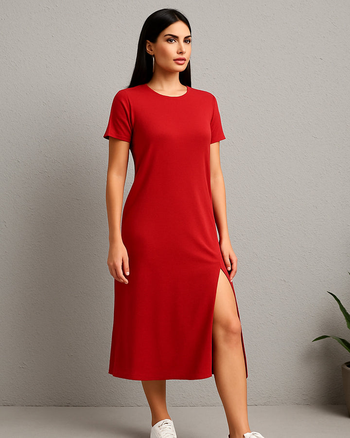 Vestido Casual de Cuello Redondo con Abertura en Parte Baja y Manga Corta - LIZAPONS