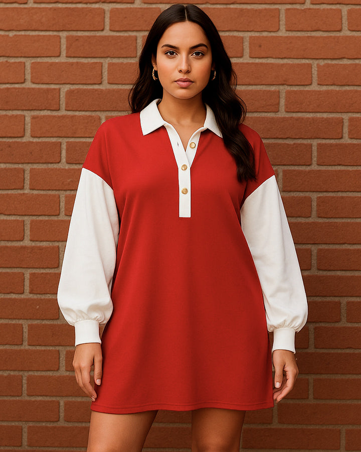 Vestido Camisero de Escote V con Botones y Manga Larga en Contraste - LIZAPONS