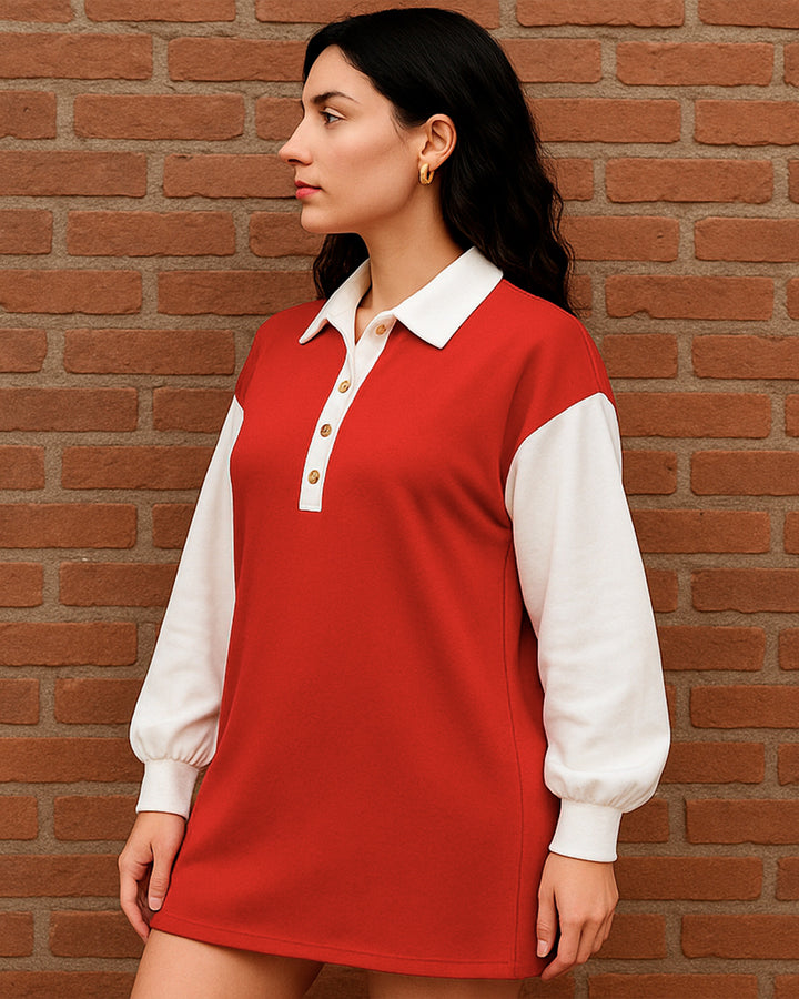 Vestido Camisero de Escote V con Botones y Manga Larga en Contraste - LIZAPONS