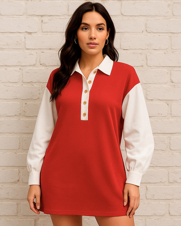 Vestido Camisero de Escote V con Botones y Manga Larga en Contraste - LIZAPONS