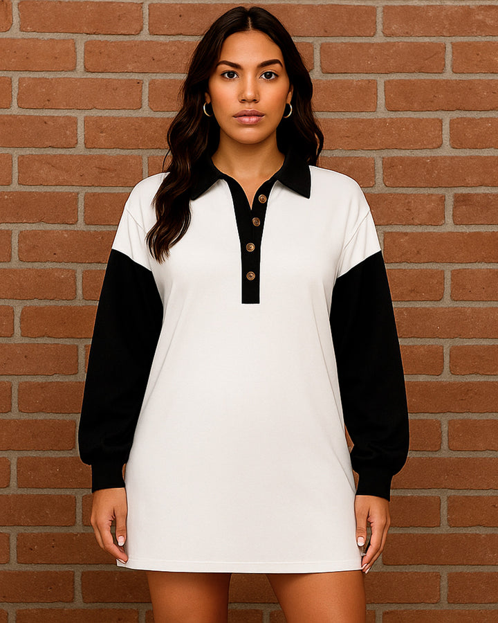 Vestido Camisero de Escote V con Botones y Manga Larga en Contraste - LIZAPONS