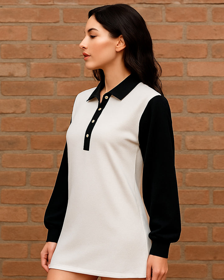 Vestido Camisero de Escote V con Botones y Manga Larga en Contraste - LIZAPONS
