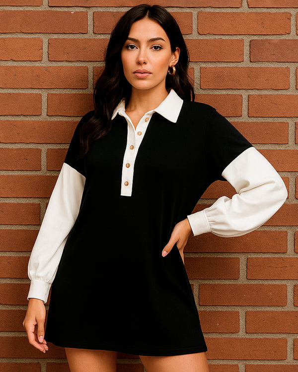 Vestido Camisero de Escote V con Botones y Manga Larga en Contraste - LIZAPONS
