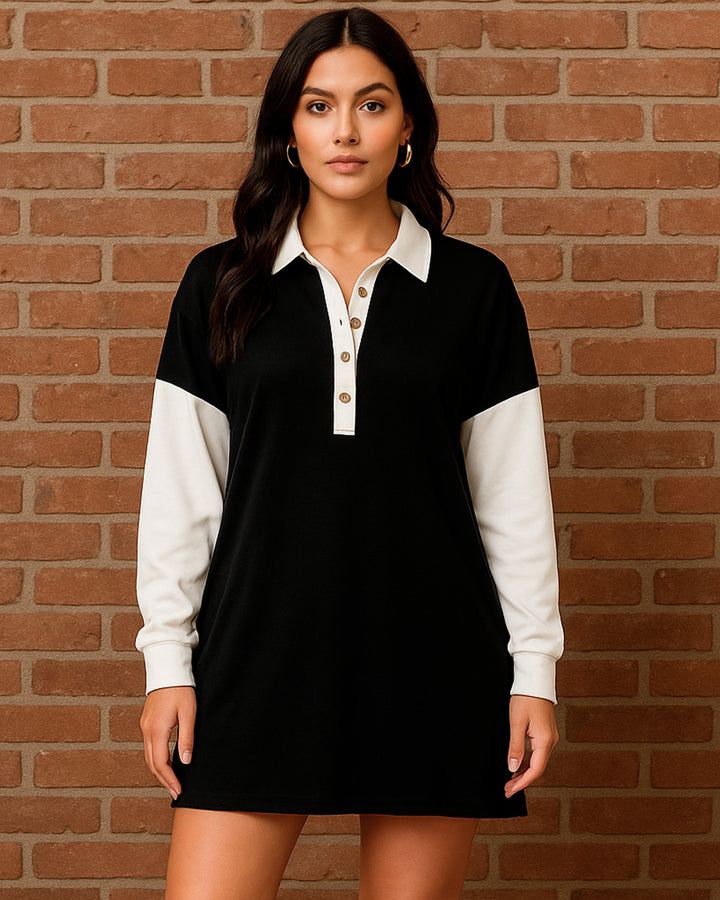 Vestido Camisero de Escote V con Botones y Manga Larga en Contraste - LIZAPONS