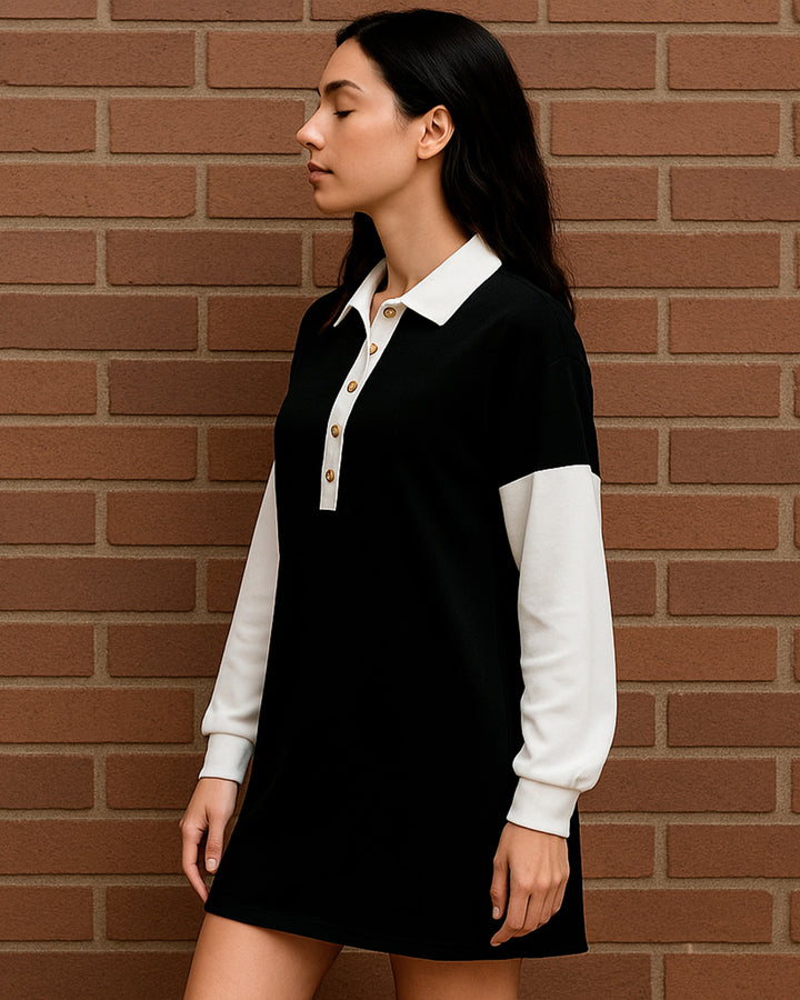 Vestido Camisero de Escote V con Botones y Manga Larga en Contraste - LIZAPONS