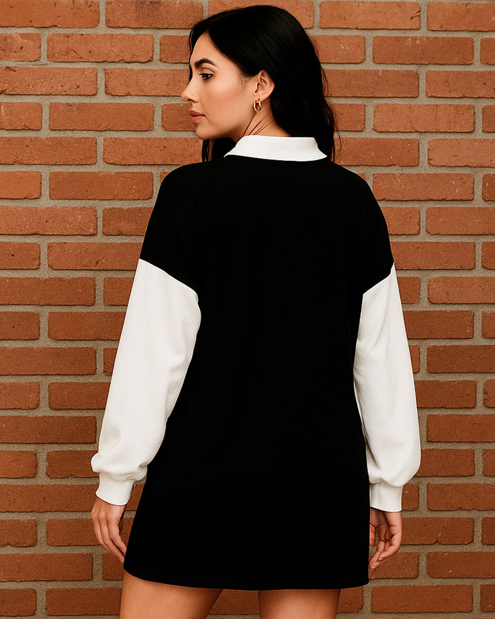 Vestido Camisero de Escote V con Botones y Manga Larga en Contraste - LIZAPONS