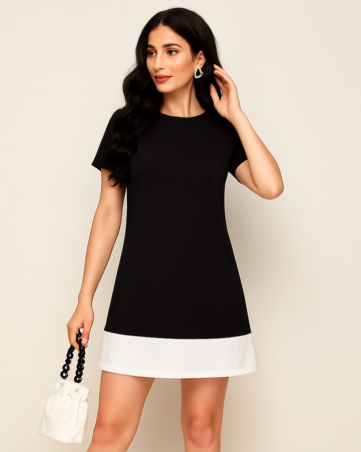 Vestido de Manga Corta y Cuello Redondo de Dos Tonos- LIZAPONS