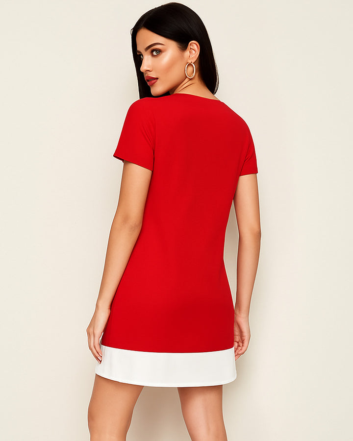 Vestido de Manga Corta y Cuello Redondo de Dos Tonos- LIZAPONS