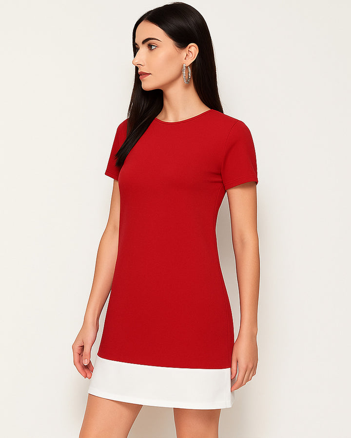 Vestido de Manga Corta y Cuello Redondo de Dos Tonos- LIZAPONS