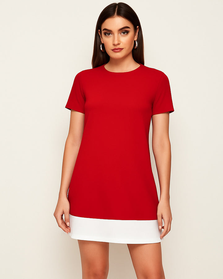 Vestido de Manga Corta y Cuello Redondo de Dos Tonos- LIZAPONS