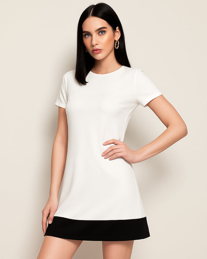 Vestido de Manga Corta y Cuello Redondo de Dos Tonos- LIZAPONS