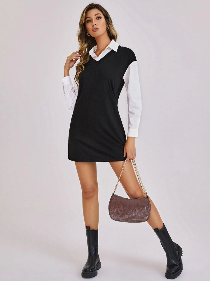 Vestido de Manga Larga y Cuello Sport de Color Combinado - LIZAPONS
