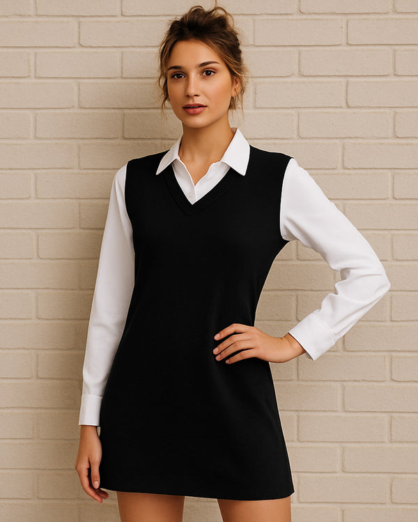 Vestido de Manga Larga y Cuello Sport de Color Combinado - LIZAPONS