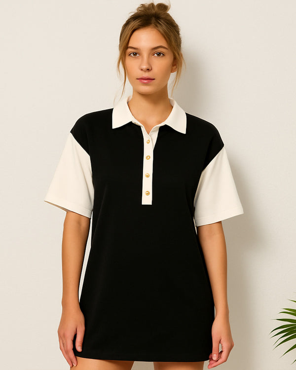 Vestido Mini Polo Bicolor de Manga Corta Oversize con Cuello Camisero - LIZAPONS