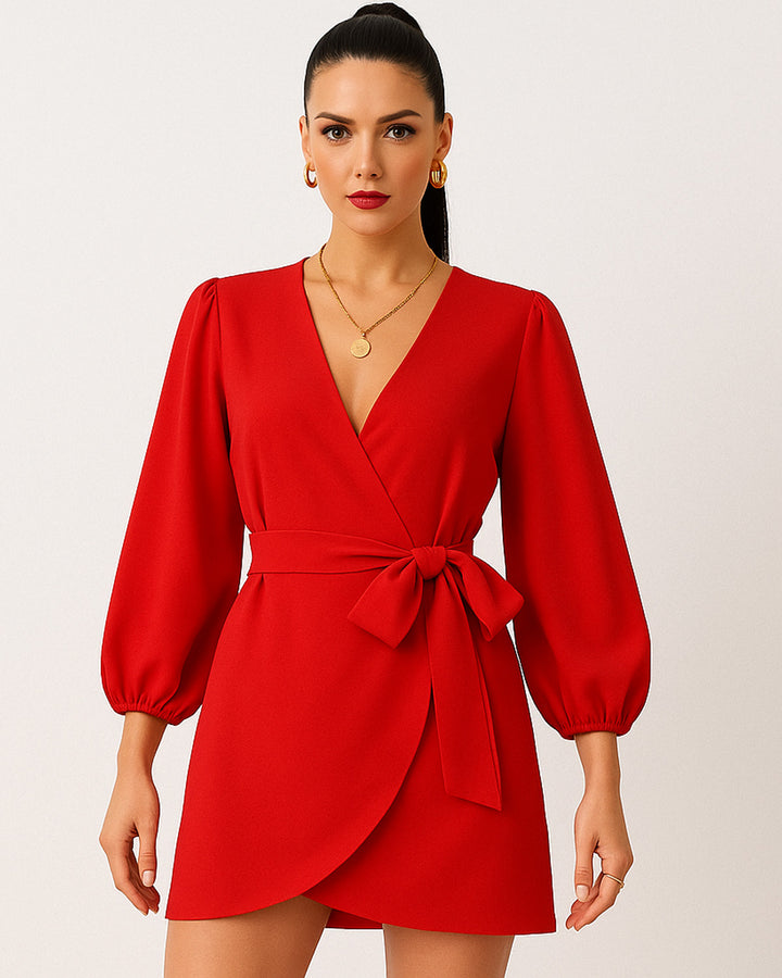 Vestido Casual Envolvente de Cuello V Cruzado y Manga Larga con Lazo en Cintura - LIZAPONS