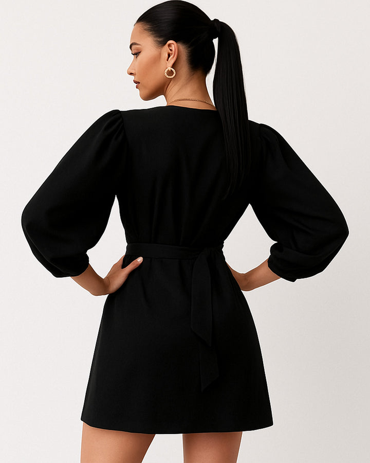 Vestido Casual Envolvente de Cuello V Cruzado y Manga Larga con Lazo en Cintura - LIZAPONS