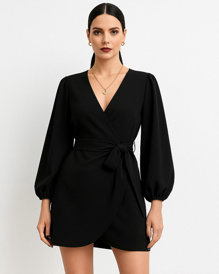 Vestido Casual Envolvente de Cuello V Cruzado y Manga Larga con Lazo en Cintura - LIZAPONS