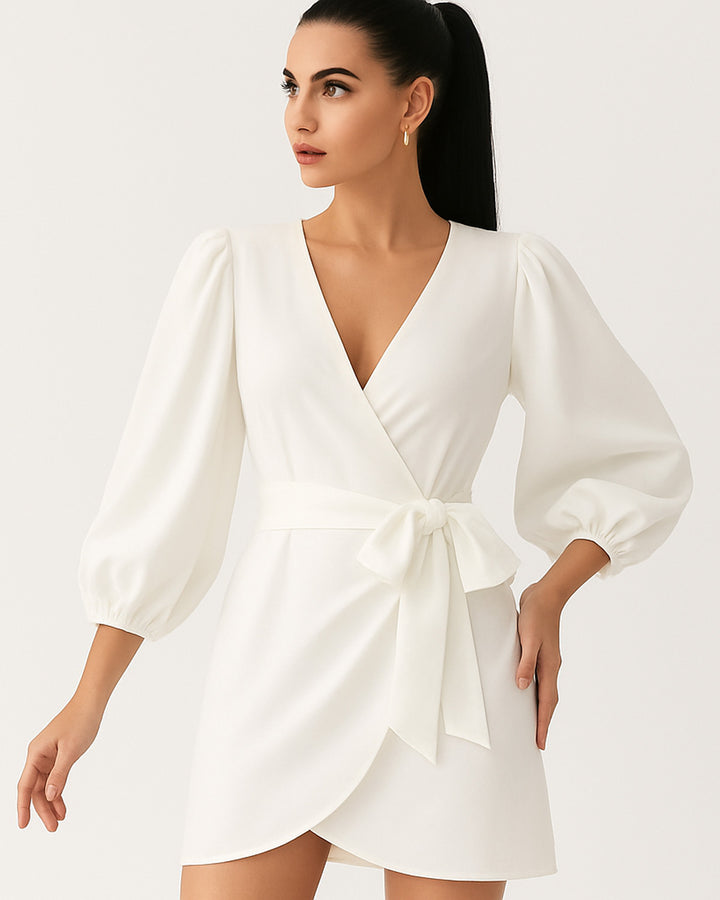 Vestido Casual Envolvente de Cuello V Cruzado y Manga Larga con Lazo en Cintura - LIZAPONS