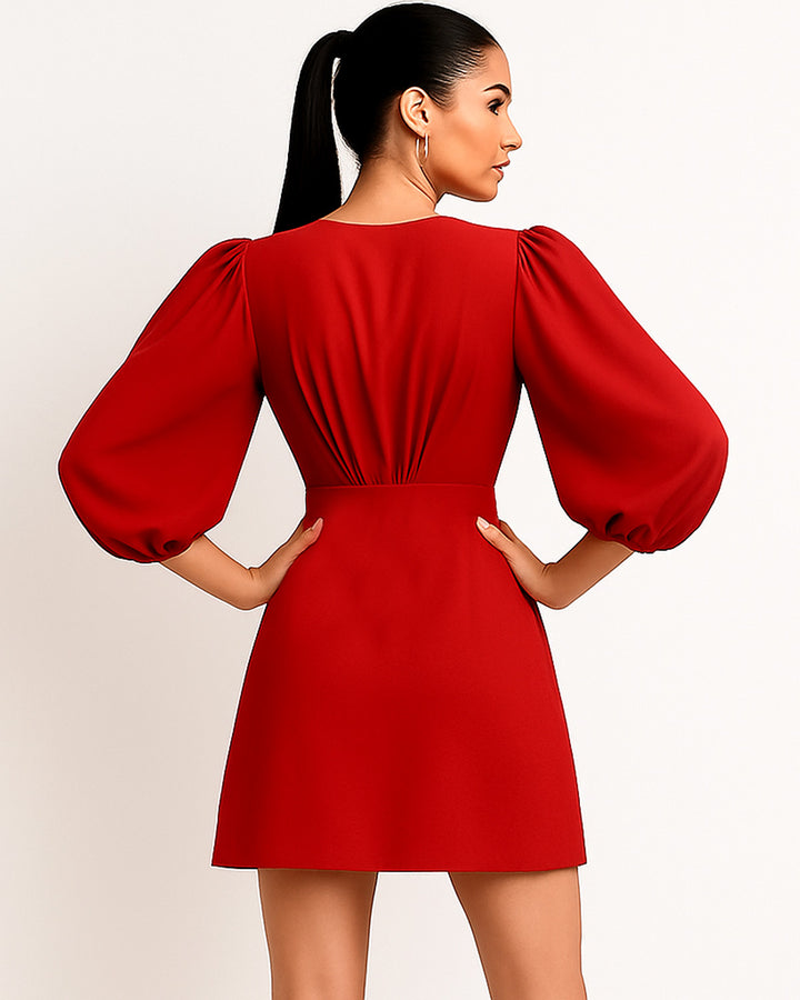 Vestido Casual Envolvente de Cuello V Cruzado y Manga Larga con Lazo en Cintura - LIZAPONS