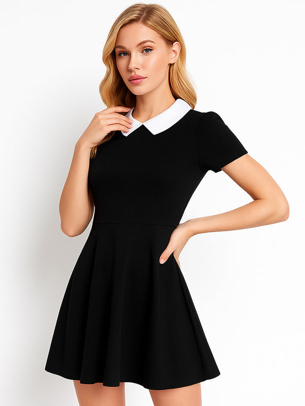 Vestido Casual Skater de Cuello Blanco Merlina Gótico en Contraste - LIZAPONS