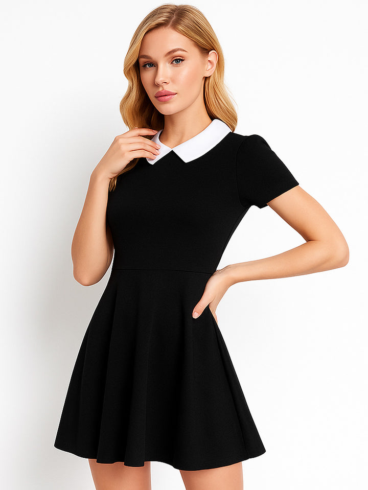 Vestido Casual Skater de Cuello Blanco Merlina Gótico en Contraste - LIZAPONS