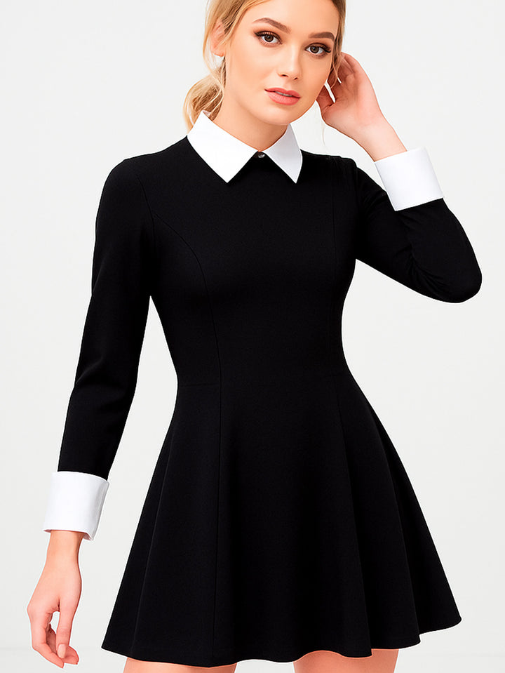 Vestido Casual Skater de Cuello Blanco Merlina Gótico en Contraste - LIZAPONS