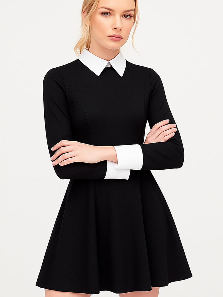Vestido Casual Skater de Cuello Blanco Merlina Gótico en Contraste - LIZAPONS