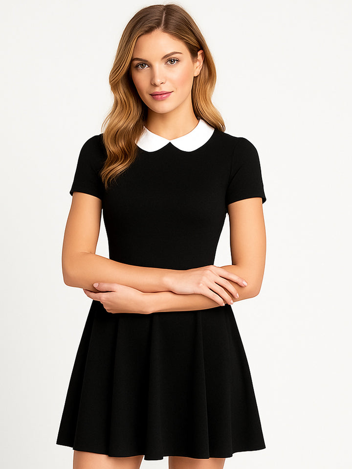 Vestido Casual Skater de Cuello Blanco Merlina Gótico en Contraste - LIZAPONS