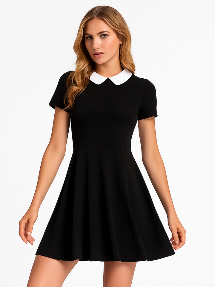 Vestido Casual Skater de Cuello Blanco Merlina Gótico en Contraste - LIZAPONS
