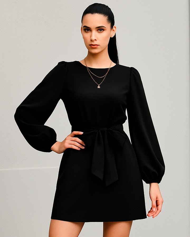 Vestido de Cuello Redondo y Manga Larga Farol con Cinturón - LIZAPONS