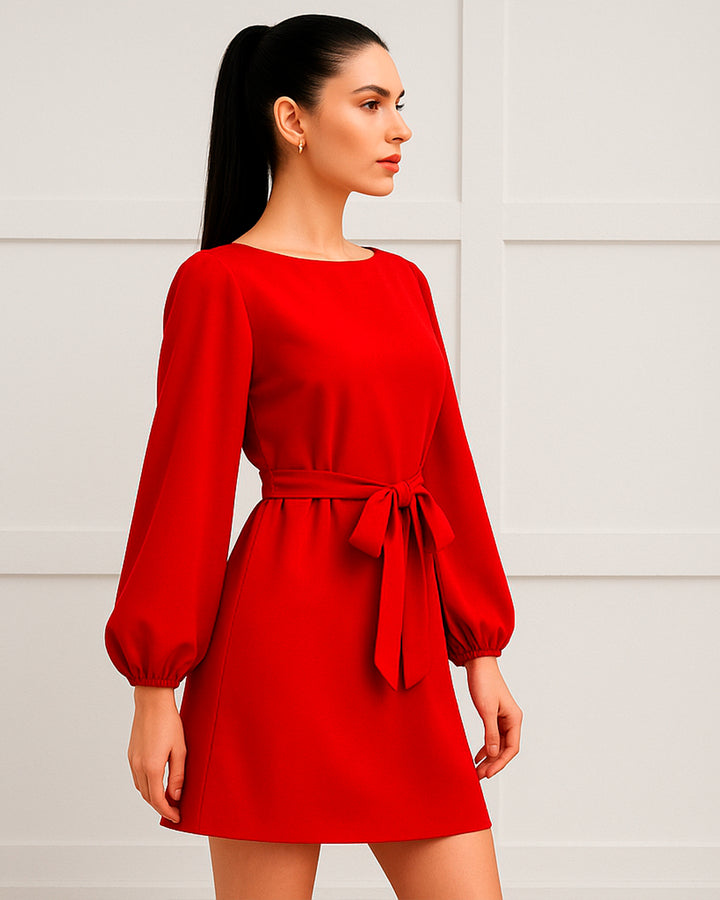 Vestido de Cuello Redondo y Manga Larga Farol con Cinturón - LIZAPONS