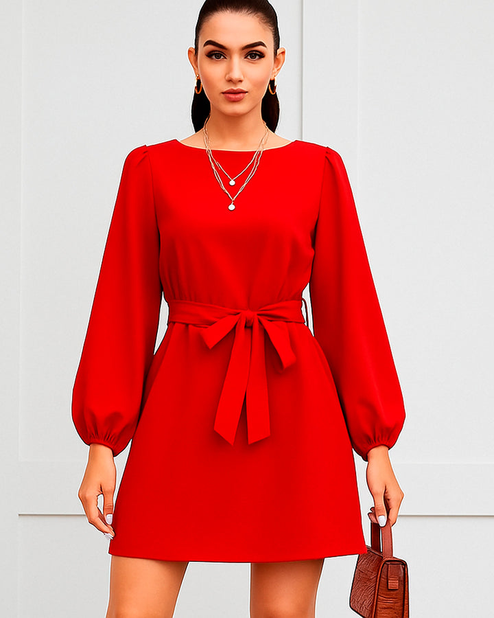 Vestido de Cuello Redondo y Manga Larga Farol con Cinturón - LIZAPONS