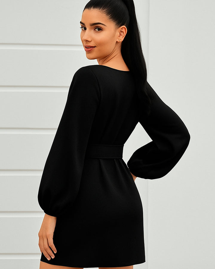 Vestido de Cuello Redondo y Manga Larga Farol con Cinturón - LIZAPONS