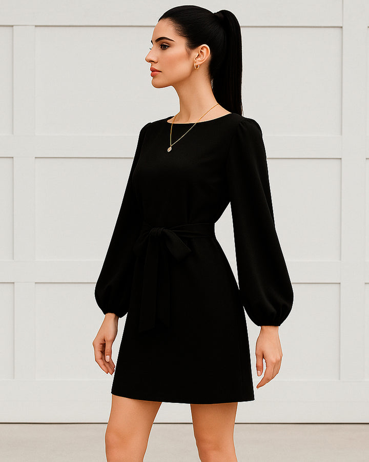Vestido de Cuello Redondo y Manga Larga Farol con Cinturón - LIZAPONS